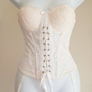 White Lace-up Corset Overbust Lace Size S Padded Underwire Push-Up Garter Strap